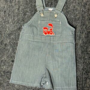 Vintage Sears Kids Shortalls  Overalls with Red Train Embroidery 6-12-18
